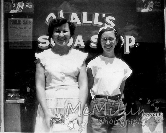 1950 Mom with friend in front of Soda Shop