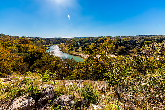 View of the Texas Pedernales River from a High Bluff.  With Fall